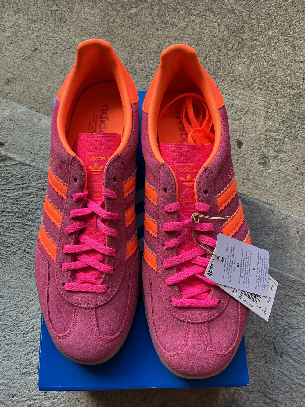 adidas Gazelle indoor Suede Sneaker Pink with Orange Stripes size 10.5 W 9.5 M